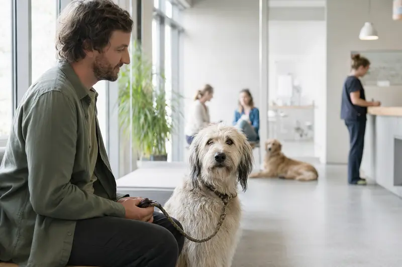 Ein Haut-Poitou Hund sitzt ruhig neben seinem Besitzer im hellen Wartezimmer einer modernen Tierarztpraxis.